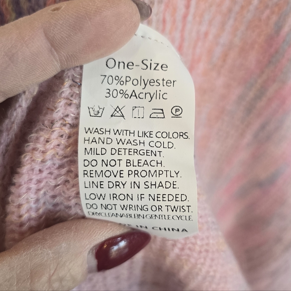 Pink Rainbow Faux Fur Pom Pom Fringe Assymetrical Poncho Wrap - Picture 7 of 7